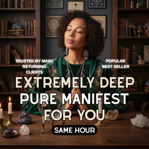 May include: An image featuring a woman with closed eyes, wearing a green velvet robe and silver jewelry. The text reads "EXTREMELY DEEP PURE MANIFEST FOR YOU" with additional text indicating popularity and returning clients. Candles and crystals are on the table.