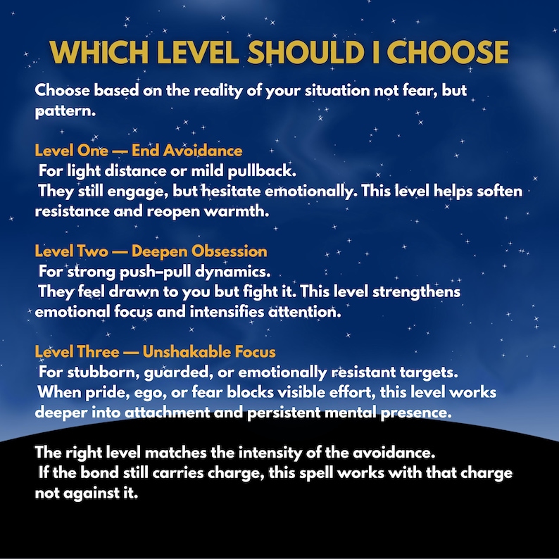 Peut inclure: Un graphique bleu fonc&eacute; avec un ciel &eacute;toil&eacute; en arri&egrave;re-plan pr&eacute;sentant du texte jaune et blanc intitul&eacute; WHICH LEVEL SHOULD I CHOOSE. Il liste trois niveaux : Level One End Avoidance, Level Two Deepen Obsession et Level Three Unshakable Focus, chacun avec un texte descriptif sur les dynamiques &eacute;motionnelles et l'attachement.