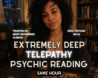 Puede incluir: Una persona con cabello oscuro y rizado sentada ante una mesa de madera con tres cartas del tarot llamadas The Sun, The Moon y The Lovers. El texto dice: TRUSTED BY MANY RETURNING CLIENTS, REAL PSYCHIC NO AI, EXTREMELY DEEP TELEPATHY PSYCHIC READING, SAME HOUR.