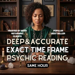 May include: An image promoting psychic readings. A woman with curly hair is centered, wearing a green velvet top and silver jewelry. Text reads "DEEP & ACCURATE EXACT TIME FRAME PSYCHIC READING" and "SAME HOUR". Candles and a crystal ball are on the table.