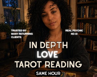 May include: A person with dark curly hair sits at a wooden table with tarot cards. Text reads: TRUSTED BY MANY RETURNING CLIENTS, REAL PSYCHIC NO AI, IN DEPTH LOVE TAROT READING, SAME HOUR. The cards displayed are The Sun, The Moon, and The Lovers.
