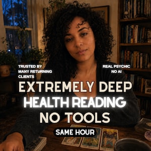 May include: A person with dark curly hair sits at a table with tarot cards. Text reads: TRUSTED BY MANY RETURNING CLIENTS, REAL PSYCHIC NO AI, EXTREMELY DEEP HEALTH READING NO TOOLS, SAME HOUR. The cards are labeled THE SUN, THE MOON, and THE LOVERS.