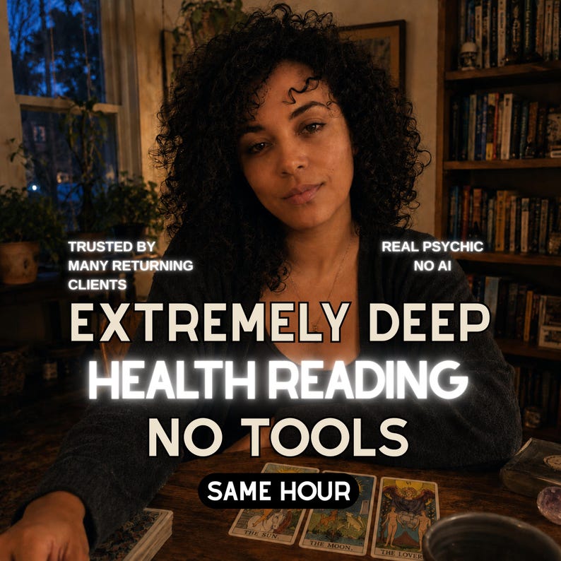 May include: A person with dark curly hair sits at a table with tarot cards. Text reads: TRUSTED BY MANY RETURNING CLIENTS, REAL PSYCHIC NO AI, EXTREMELY DEEP HEALTH READING NO TOOLS, SAME HOUR. The cards are labeled THE SUN, THE MOON, and THE LOVERS.