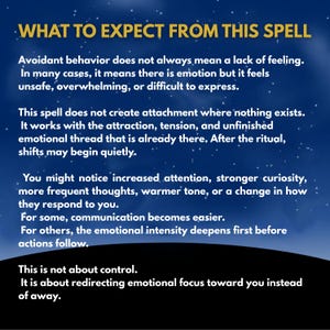 Peut inclure: Un graphique bleu fonc&eacute; avec un ciel &eacute;toil&eacute; en arri&egrave;re-plan pr&eacute;sentant du texte blanc qui indique : WHAT TO EXPECT FROM THIS SPELL. Le texte explique que le comportement &eacute;vitant ne signifie pas un manque de sentiment et d&eacute;crit les changements.