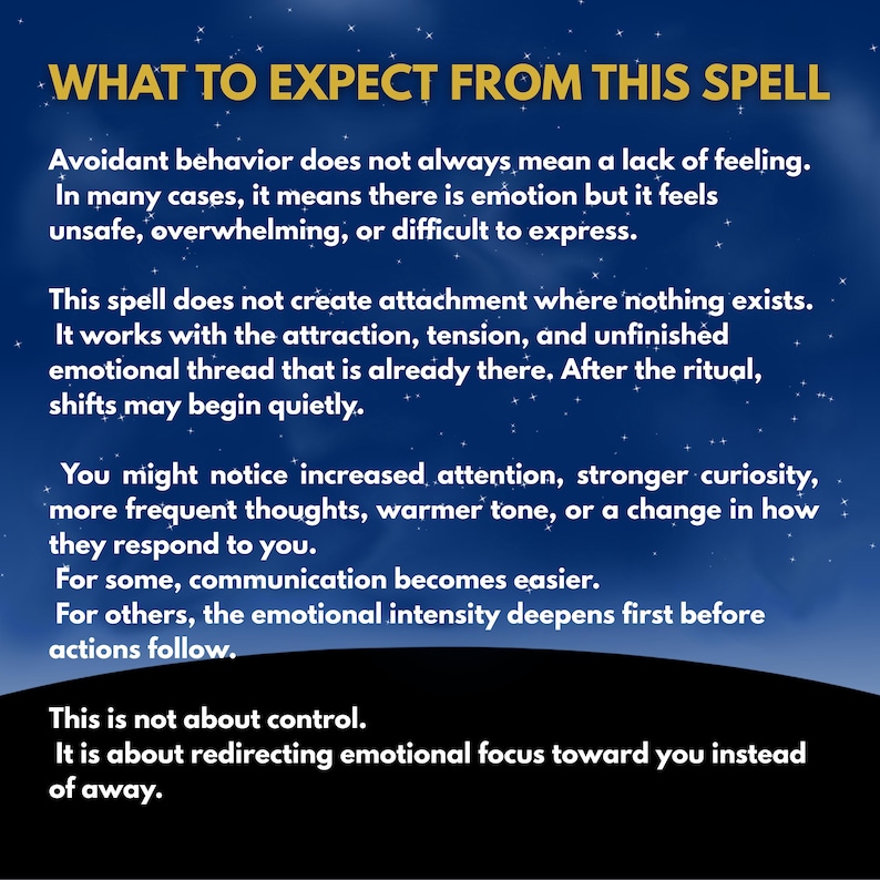 Peut inclure: Un graphique bleu fonc&eacute; avec un ciel &eacute;toil&eacute; en arri&egrave;re-plan pr&eacute;sentant du texte blanc qui indique : WHAT TO EXPECT FROM THIS SPELL. Le texte explique que le comportement &eacute;vitant ne signifie pas un manque de sentiment et d&eacute;crit les changements.