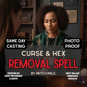 Könnte beinhalten: Das Bild zeigt eine Frau in einem grünen Samt-Oberteil mit goldenen Stickereien und Silberschmuck. Der Text lautet "CURSE & HEX REMOVAL SPELL" und "SAME DAY CASTING". Weitere Texte sind "PHOTO PROOF" und "TRUSTED BY MANY RETURNING CLIENTS".