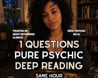 May include: A person with dark curly hair sits at a wooden table with tarot cards. Text reads: TRUSTED BY MANY RETURNING CLIENTS, REAL PSYCHIC NO AI, 1 QUESTIONS PURE PSYCHIC DEEP READING, SAME HOUR. The cards displayed are The Sun, The Moon, and The Lovers.