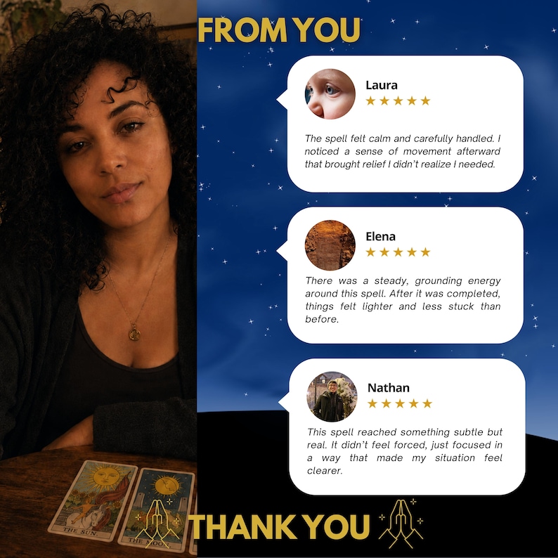 May include: A person with dark curly hair sits at a wooden table with two tarot cards labelled The Sun and The Moon. To the right, a blue graphic displays three customer reviews from Laura, Elena, and Nathan, each featuring five gold stars.