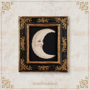 May include: A framed cross-stitch of a crescent moon with a smiling face, set against a black background. The frame is black with gold accents and ornate detailing. The text "NobleLadyPupsik" is at the bottom.