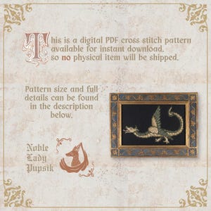 May include: A framed cross-stitch pattern featuring a green and beige dragon on a black background. The frame is gold and blue. Text on the image states it is a digital PDF pattern available for instant download.