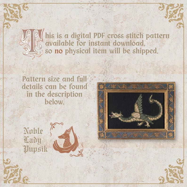 May include: A framed cross-stitch pattern featuring a green and beige dragon on a black background. The frame is gold and blue. Text on the image states it is a digital PDF pattern available for instant download.