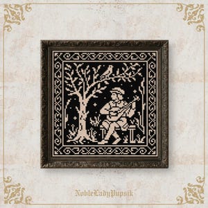 May include: A framed cross-stitch embroidery featuring a black background with a light beige design of a person playing a stringed instrument under a tree with a bird perched on a branch, all enclosed within a decorative geometric border.