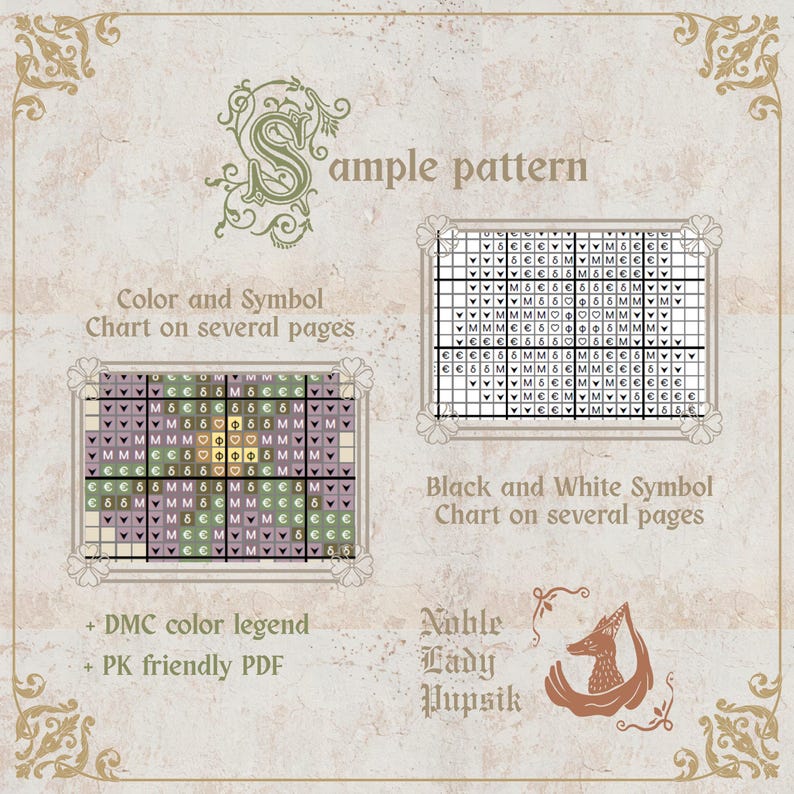 May include: A sample pattern for cross-stitch featuring color and symbol charts, a DMC color legend, and a PK-friendly PDF. The image includes a black and white symbol chart and a color chart on several pages, with the text "Noble Lady Pupsik."