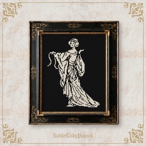 Patrón de punto de cruz de dama victoriana en PDF / Bordado de tapiz gótico / Descarga digital / Muestrario monocromático / Vintage