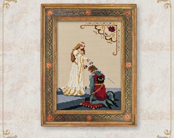 May include: Cross-stitch artwork in a gold frame depicting a medieval scene. A woman in a white gown crowns a kneeling figure in red and blue armor. The artwork includes decorative corner elements and the text "NobleLadyPupsik".