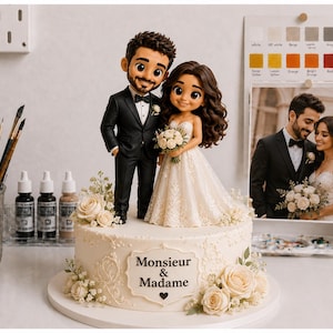May include: A wedding cake topper featuring a stylized bride and groom figurine standing on a round white cake. The groom wears a black suit and the bride wears a white lace dress. The cake is decorated with cream roses and the text Monsieur & Madame.