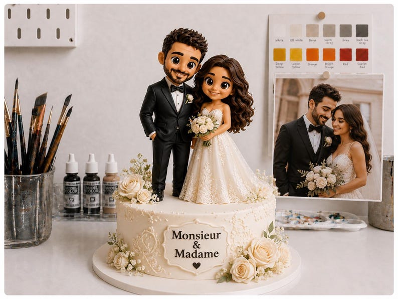 May include: A wedding cake topper featuring a stylized bride and groom figurine standing on a round white cake. The groom wears a black suit and the bride wears a white lace dress. The cake is decorated with cream roses and the text Monsieur & Madame.
