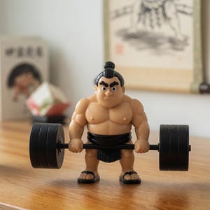 May include: A figurine of a sumo wrestler lifting a barbell with black weights. The wrestler has a muscular build, a topknot, and is wearing a black loincloth. The figurine is on a wooden surface.