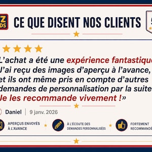 May include: A customer review graphic in French, featuring a 5-star rating and the text "CE QUE DISENT NOS CLIENTS". The review highlights a positive experience, mentioning personalized requests. Includes icons and the date January 9, 2026.