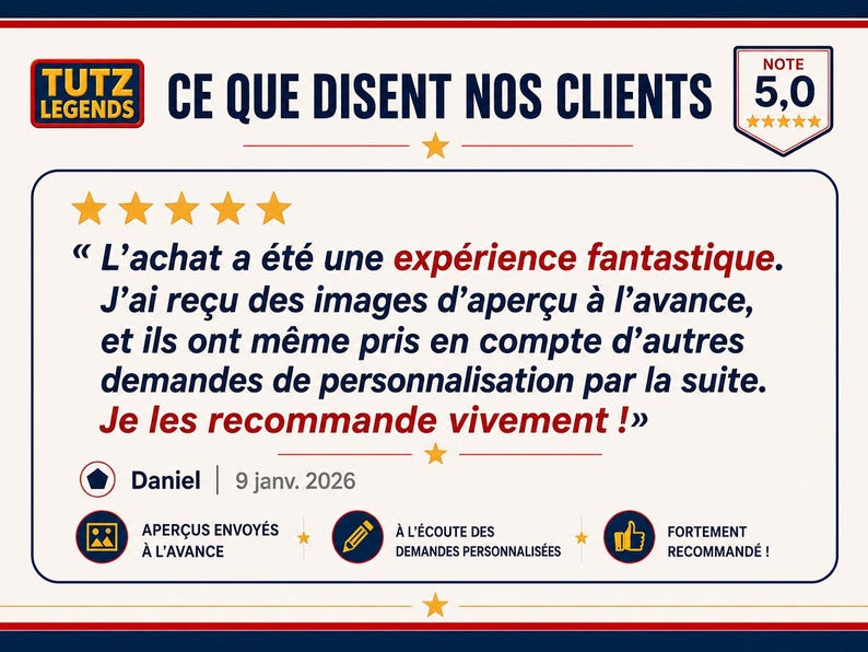 May include: A customer review graphic in French, featuring a 5-star rating and the text "CE QUE DISENT NOS CLIENTS". The review highlights a positive experience, mentioning personalized requests. Includes icons and the date January 9, 2026.