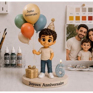 May include: A custom figurine of a young boy wearing a party hat, holding a bunch of balloons with the text Joyeux Anniversaire, standing on a base labeled Joyeux Anniversaire next to a gift box and a number six candle, inspired by a family photo.