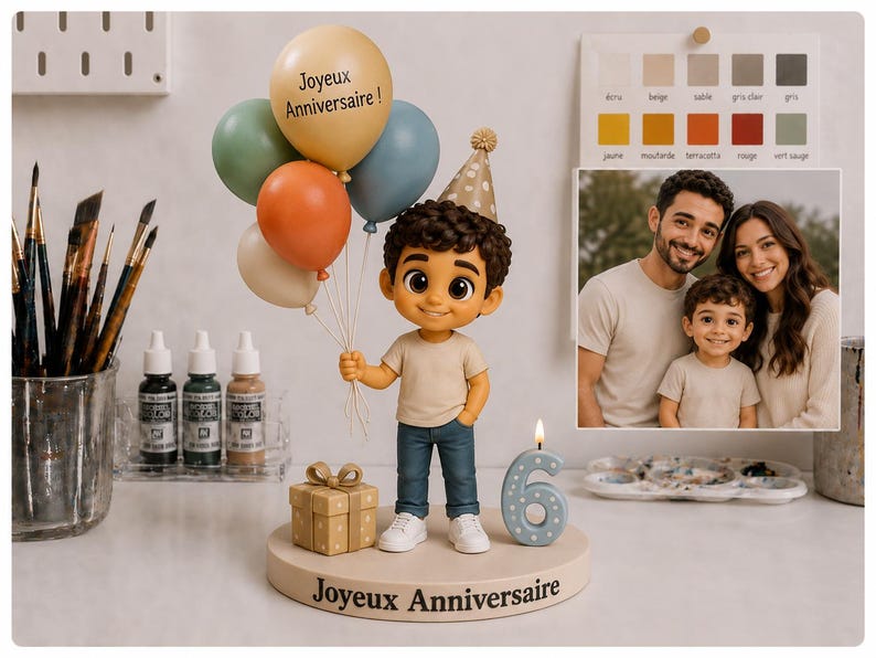 May include: A custom figurine of a young boy wearing a party hat, holding a bunch of balloons with the text Joyeux Anniversaire, standing on a base labeled Joyeux Anniversaire next to a gift box and a number six candle, inspired by a family photo.