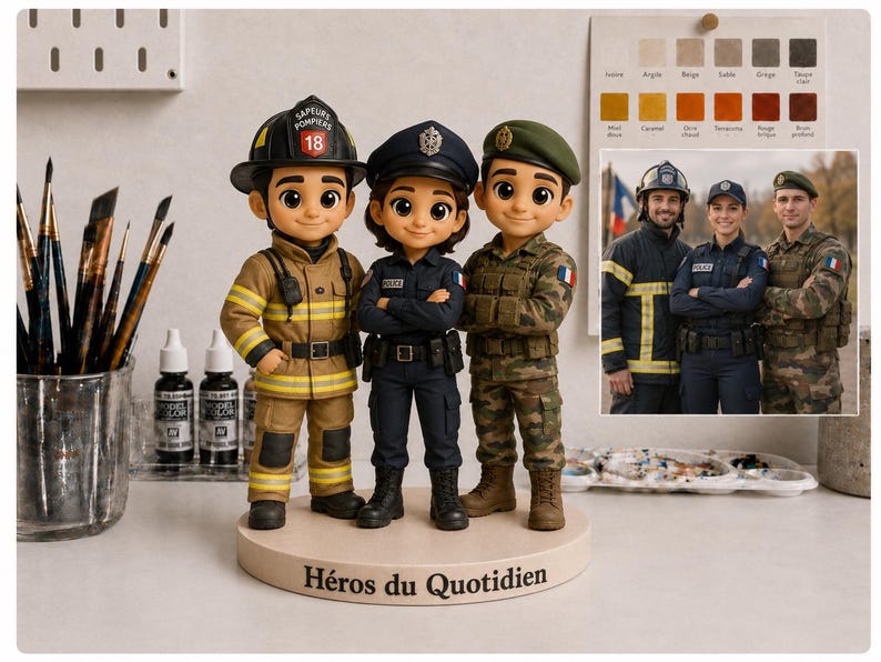 May include: A custom figurine set featuring three characters: a firefighter in tan gear, a police officer in a dark blue uniform, and a soldier in camouflage, all standing on a circular base with the text "H&eacute;ros du Quotidien" printed on the front.