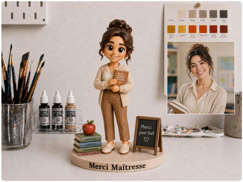 May include: A custom figurine of a person with brown hair in a bun, wearing a beige cardigan and brown trousers. The figure holds a book and stands on a round base labeled "Merci Ma&icirc;tresse" with a stack of books, an apple, and a small chalkboard.