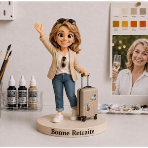 May include: A custom bobblehead figurine of a woman with wavy brown hair, wearing a beige blazer, white t-shirt, blue jeans, and white sneakers. She holds a small rolling suitcase with travel stickers. The base features the text Bonne Retraite.