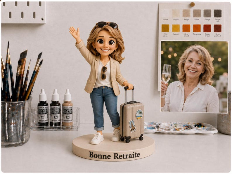 May include: A custom bobblehead figurine of a woman with wavy brown hair, wearing a beige blazer, white t-shirt, blue jeans, and white sneakers. She holds a small rolling suitcase with travel stickers. The base features the text Bonne Retraite.