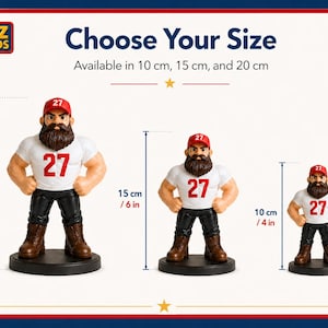 May include: Three figurines of a muscular man with a beard, wearing a white shirt with the number 27, a red cap, black trousers, and brown boots. The figurines are 10, 15, and 20 cm tall. The text "Choose Your Size" is above the figurines.