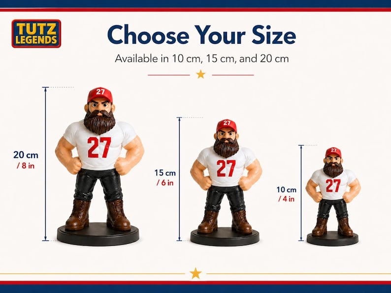 May include: Three figurines of a muscular man with a beard, wearing a white shirt with the number 27, a red cap, black trousers, and brown boots. The figurines are 10, 15, and 20 cm tall. The text "Choose Your Size" is above the figurines.