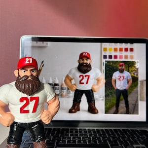 May include: A figurine of a muscular man with a beard, wearing a white t-shirt with the number 27 in red, a red baseball cap, black trousers, and brown boots. The figurine is posed on a laptop, with images of the same figure on the screen.