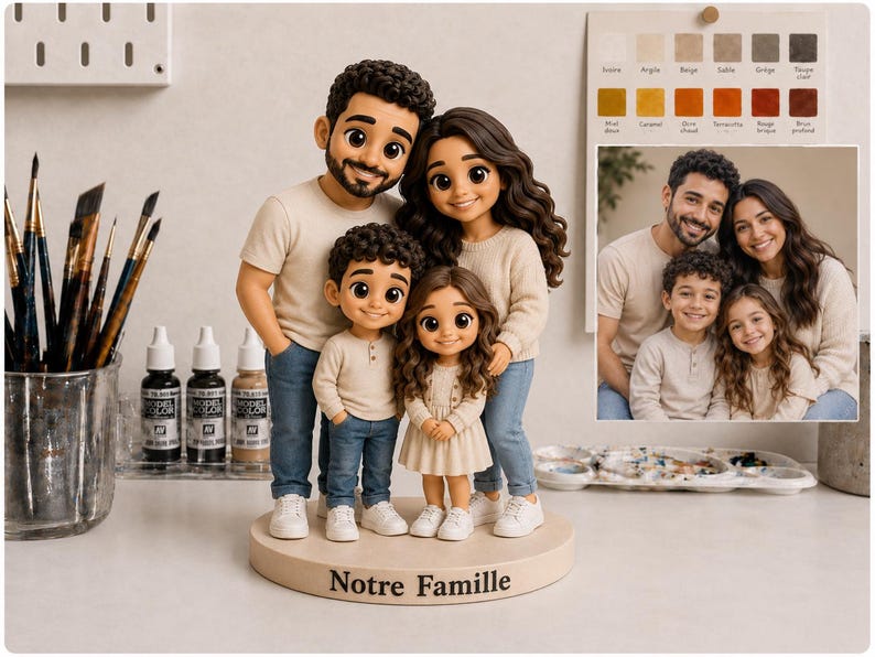 May include: A custom family figurine set featuring four stylized characters standing on a circular wooden base with the text Notre Famille. The figures include two adults and two children wearing beige shirts and blue jeans, mirroring a photograph.