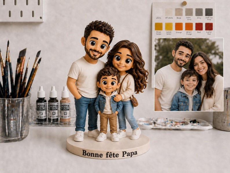 May include: A family figurine featuring a father, mother, and child in casual clothes, positioned on a round base. The base is inscribed with "Bonne f&ecirc;te Papa". A family photograph is in the background. Paintbrushes, paint bottles, and a colour palette are also visible.