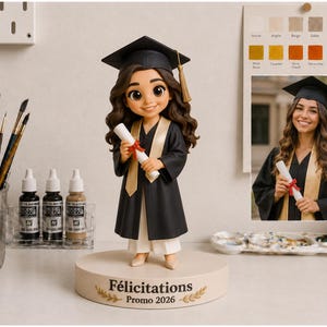 May include: A custom figurine of a graduate with long brown hair, wearing a black graduation cap with a gold tassel and a black gown with a gold stole. The figure holds a white diploma tied with a red ribbon, standing on a round base labeled F&eacute;licitations Promo 2026.