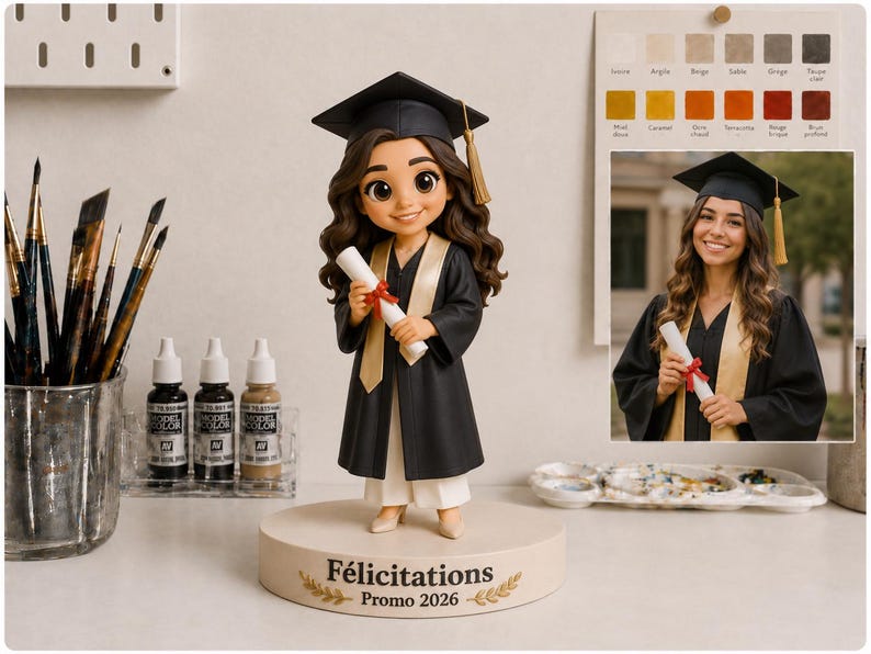May include: A custom figurine of a graduate with long brown hair, wearing a black graduation cap with a gold tassel and a black gown with a gold stole. The figure holds a white diploma tied with a red ribbon, standing on a round base labeled F&eacute;licitations Promo 2026.