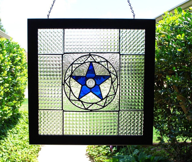 Stained Glass Panel Vintage Tiles Blue Star Clear Image 0