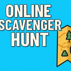 Może przedstawiać: Graficzna ilustracja na niebieskim tle z napisem "ONLINE SCAVENGER HUNT" pogrubionymi białymi literami. Stylizowana mapa z lupą i czerwonym znakiem "X" znajduje się po prawej stronie.