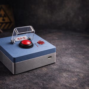 May include: A blue and silver box with a large red button and a clear plastic cover. The box has the text "A3-5" on it. A hazard symbol is visible in the background.