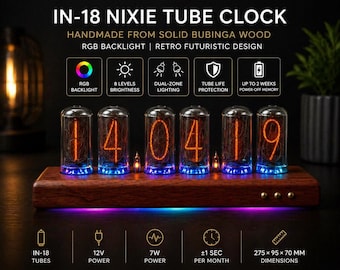 IN-18 Nixie Tube Clock | Handmade Bubinga Wood Clock | RGB Backlight | Retro Futuristic Desk Clock | Unique Gift for Him