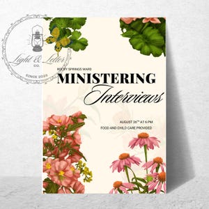 Puede incluir: Un cartel crema con ilustraciones florales y texto. El cartel presenta flores rosas y naranjas, hojas verdes y una mariposa. El texto incluye "Ministering Interviews" y "August 26th at 6 PM". El logotipo de Light & Letter Co. está en la esquina superior izquierda.