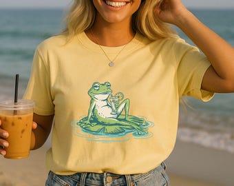Frog Drinking Cocktail Graphic Tee, Funny Summer Day Drinking Shirt, Whimsical Nature Lover Gift, Cute Cottagecore Frog Aesthetic