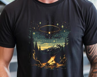 Bigfoot and UFO Camping Shirt, Sasquatch Drinking Beer Graphic Tee, Funny Cryptid Outdoor Gift for Hiker