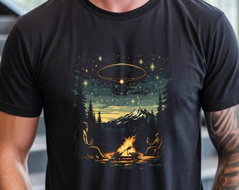Bigfoot Drinking Beer Shirt, Funny UFO Alien Camping Tee, Cryptid Dad Gift, Vintage Campfire Night Graphic Apparel