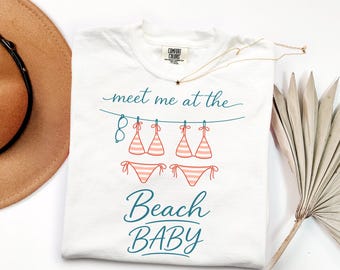 Meet Me At The Beach Baby Graphic Tee, Coastal Aesthetic Summer Shirt, Cute Bikini Clothesline Vacation Gift