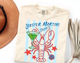 Lobster Martini Society Graphic Tee, Coastal Grandmother Summer Shirt, Preppy Seafood Lover Gift, Funny Cocktail Club Beach Vacation