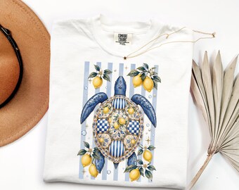 Mediterranean Sea Turtle Lemon Graphic Tee, Amalfi Coast Coastal Grandmother Shirt, Italian Summer Citrus Beach Apparel