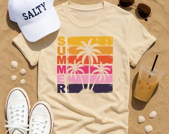 SUMMER Graphic Tee, Retro Sunset Palm Tree Shirt, Beach Vacation Outfit, Tropical Summer Vibes Apparel, Gift for Beach