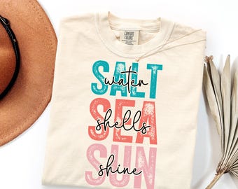 Saltwater Seashells Sunshine Graphic Tee, Retro Coastal Beach Vacation Shirt, Summer Ocean Lover Gift, Trendy Preppy Beach Trip